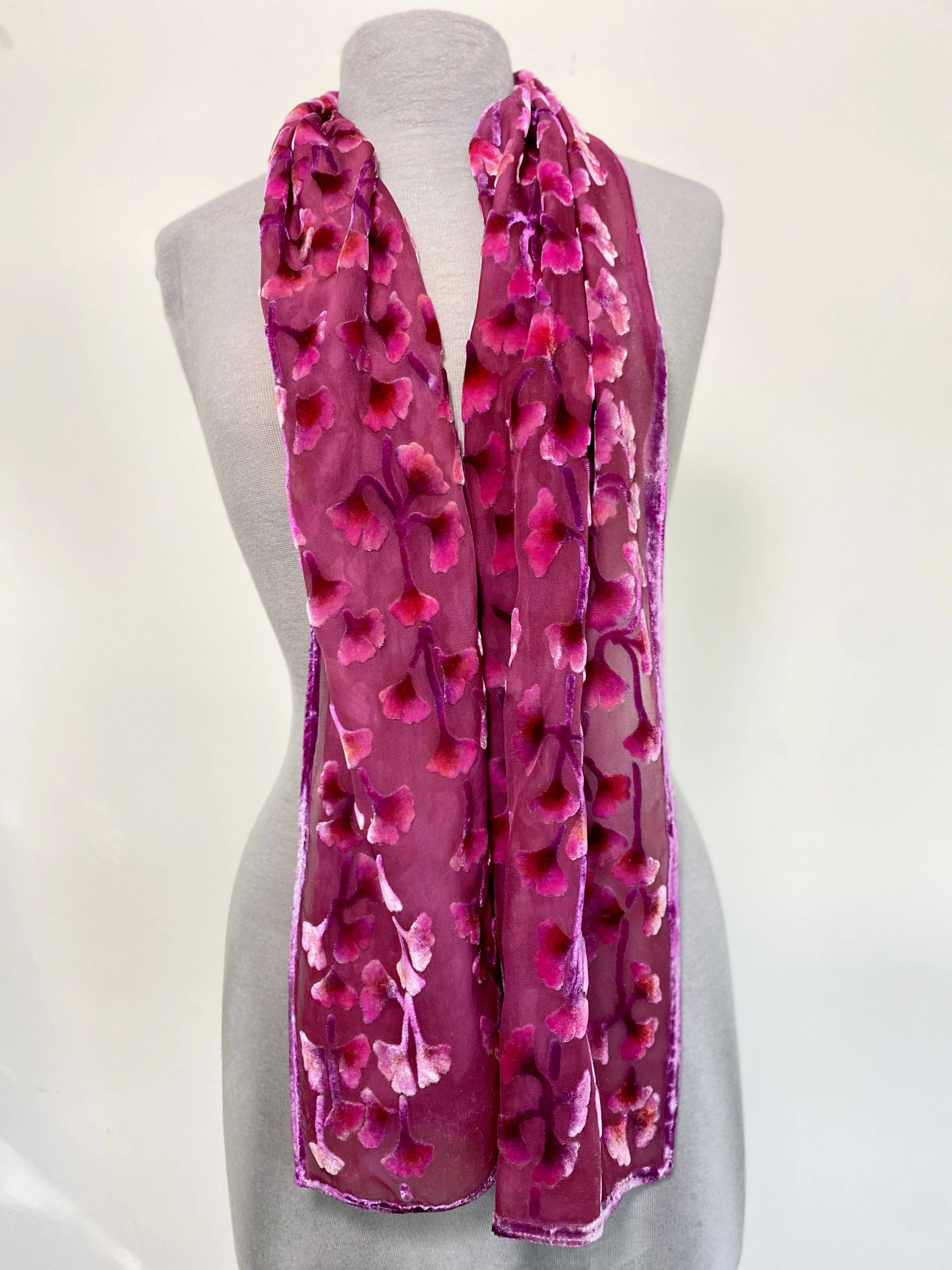 Sherit Levin Textiles - Wholesale Scarf - Women's - Hand Painted Devoré Silk Velvet Floral Fuchsia Scarf3