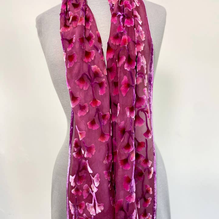Sherit Levin Textiles - Wholesale Scarf - Women's - Hand Painted Devoré Silk Velvet Floral Fuchsia Scarf3