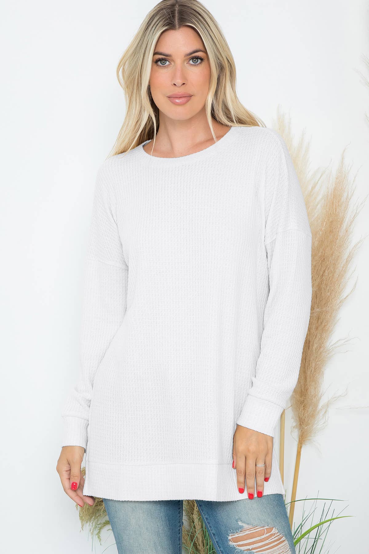 You & Me – wholesale Tunic sweater – Women’s – YMT20075V-BRUSHED WAFFLE ROUND NECK SIDE SLIT SWEATER17