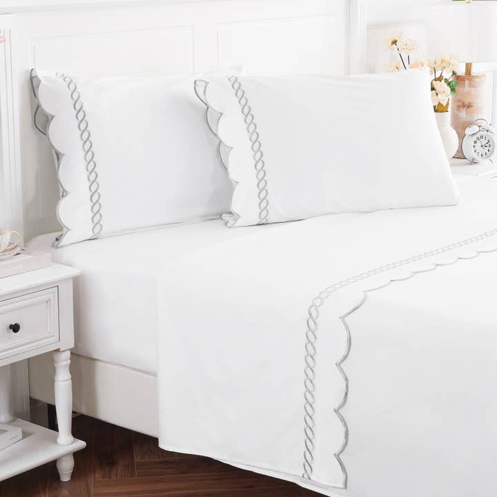 Mélange Home - Wholesale Bedding Pillowcase/Sham - 600 Thread Count Scallop Rope Embroidered Cotton Pillowcase Pair8