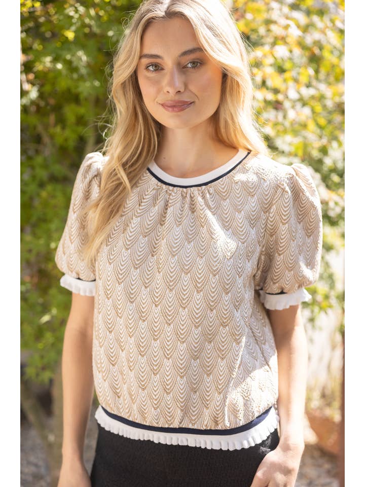 Taupe 35049 Gestreepte Ruffle Band Golvend Patroon Gebreide Top voor groothandel op Faire