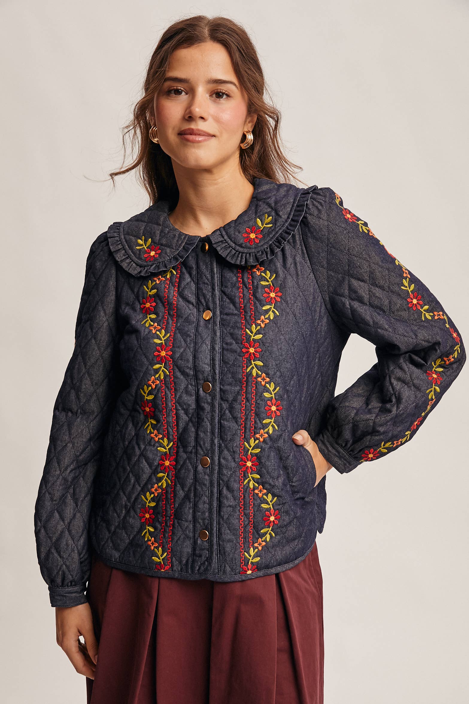 Midnat Indigo Broderet quiltet denimjakke FJ0008 for engroshandel på Faire10