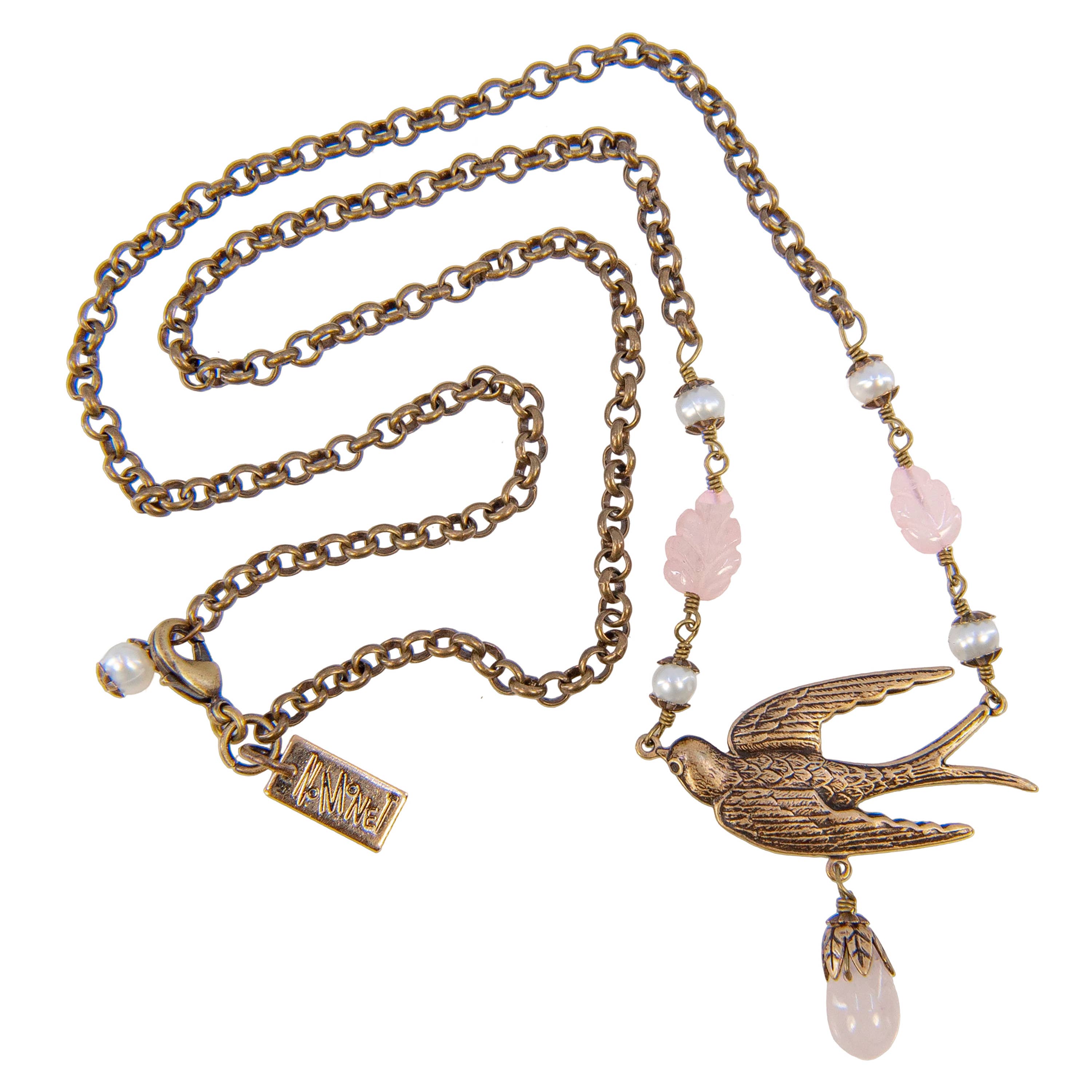 NoMonet - Wholesale Pendant/Charm Necklace - Vintage Brass Necklace - Flyaway - Bird with Rose Quartz3