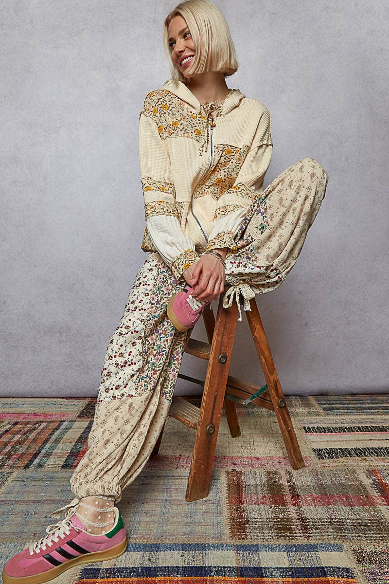 Pol Clothing - Wholesale Pants - Women's - Crochet patch detail contrast patchwork printed woven pants21