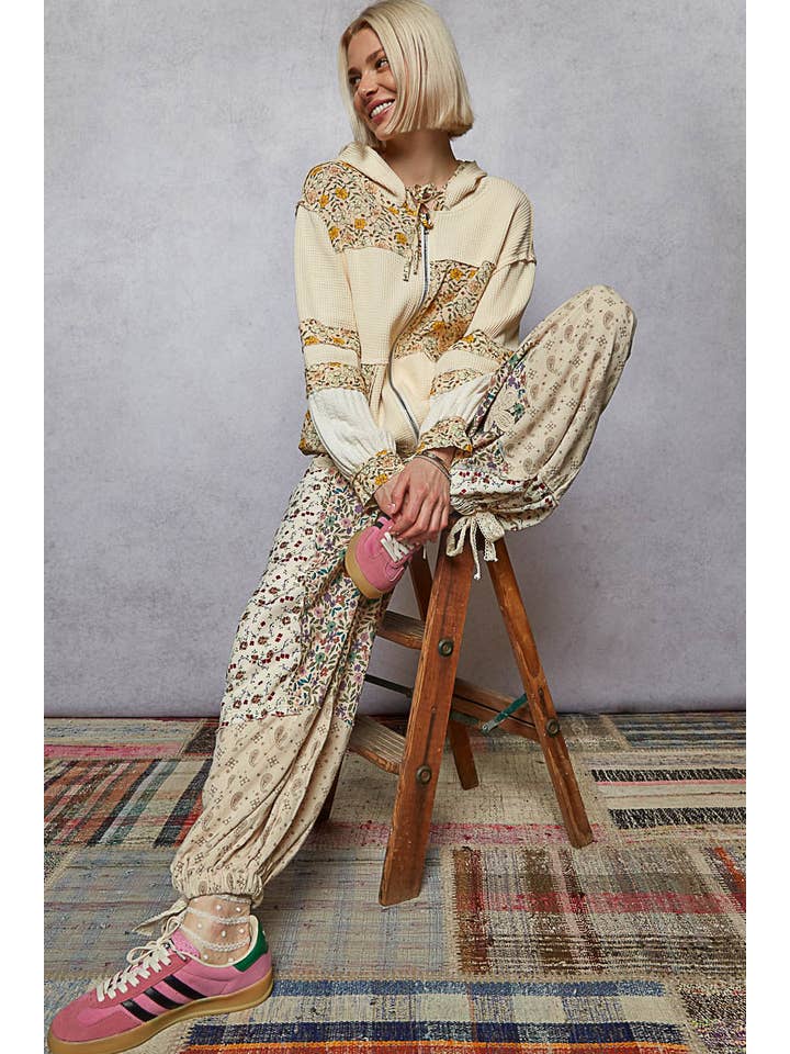 Pol Clothing - Wholesale Pants - Women's - Crochet patch detail contrast patchwork printed woven pants21