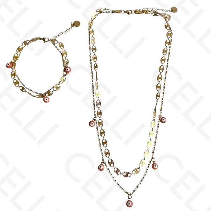Double Steel Necklace/Bracelet - Orange Turkish Eye for wholesale by Celli Biju