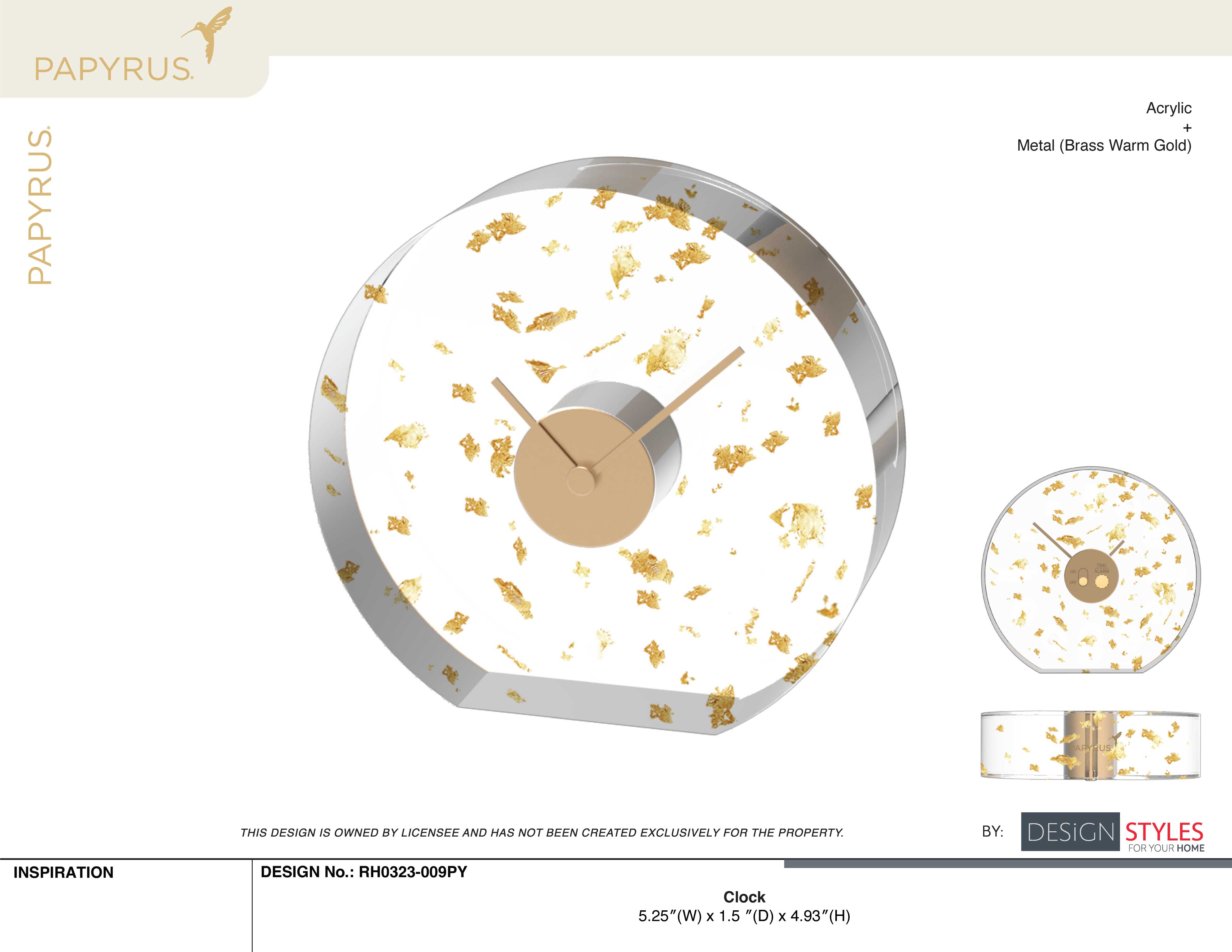 DesignStyles Home - Wholesale Desk Clock - Papyrus Acrylic Desk Clock with Gold Foil
