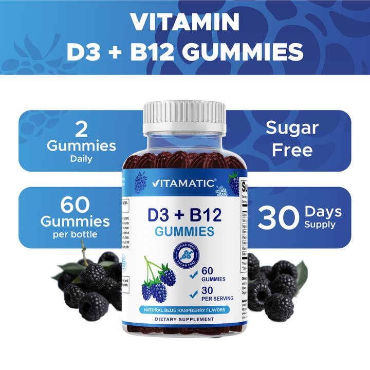 Vitamatic - Wholesale Oral Supplement/Vitamin - Vitamatic Vitamin D3 + B12 - Natural Blue Raspberry-60 Gummy5