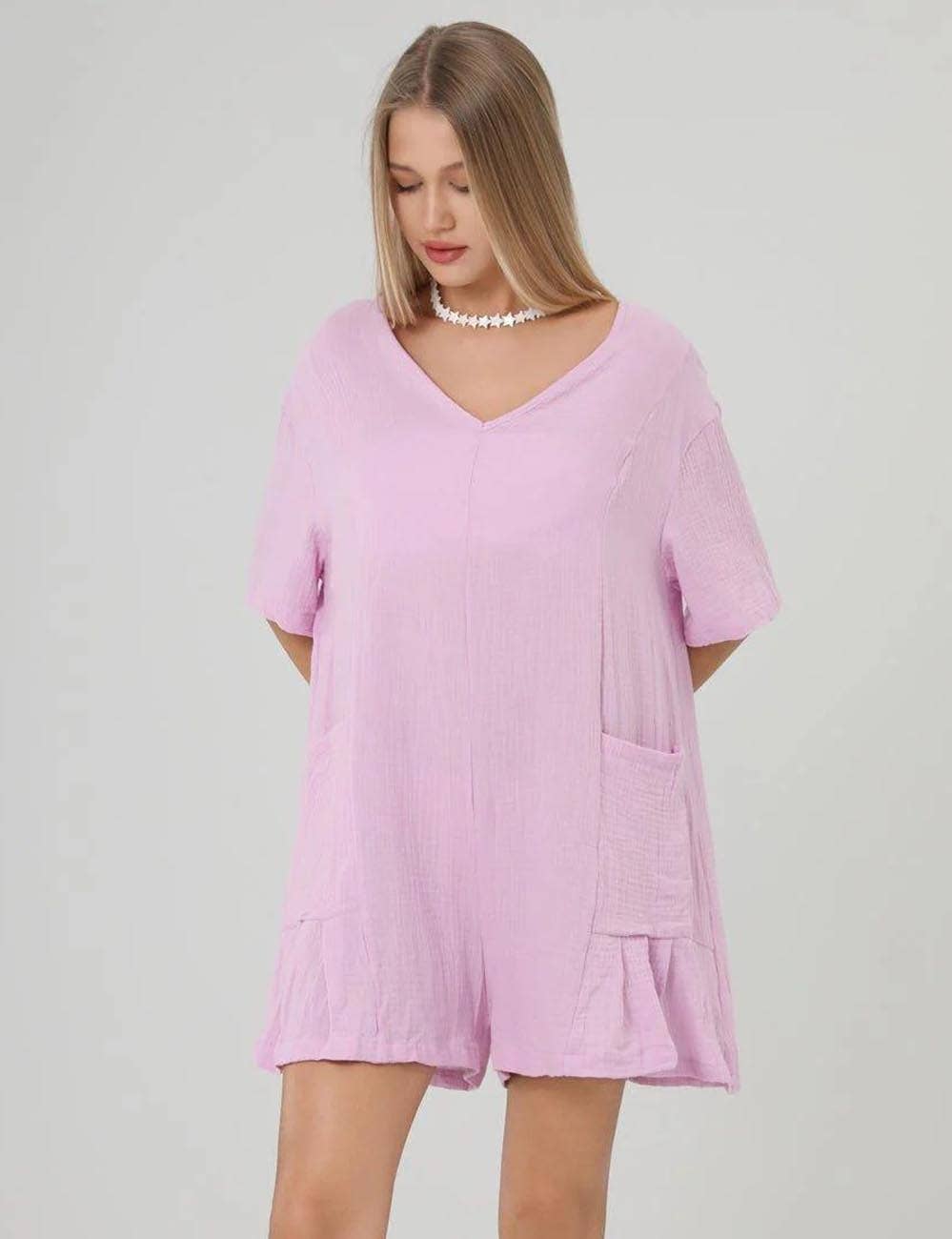 Sweetkama - Wholesale Romper - Women's - Flouncy Shapeless V-Neck Draped Sleeves Romper SKJ1814