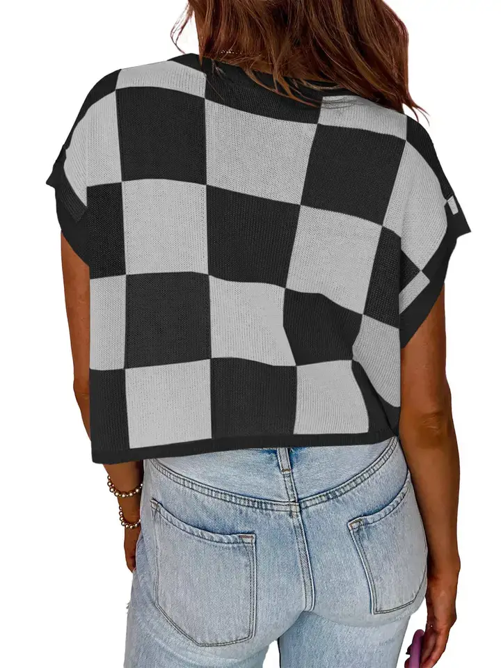 Lovesoft - Wholesale Sweater Vest - Women's - Plaid Colorblocked Skeleton Knit Vest6