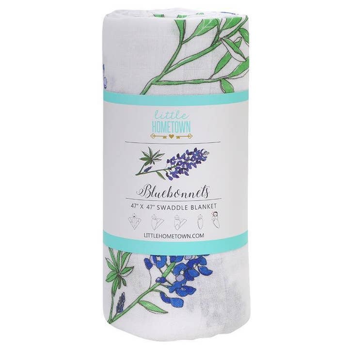 Bluebonnets Baby Muslin Swaddle Blanket for wholesale by Little Hometown