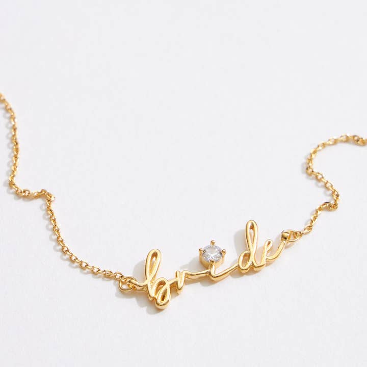 Gold Dipped Bride Script Necklace for wholesale on Faire