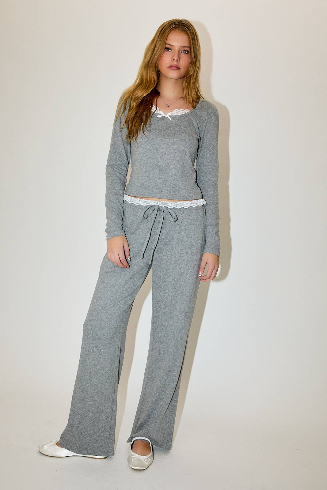 H GREY LONG SLEEVE TOP WITH LACE TRIM WITH LACE TRIM PANTS for wholesale on Faire0