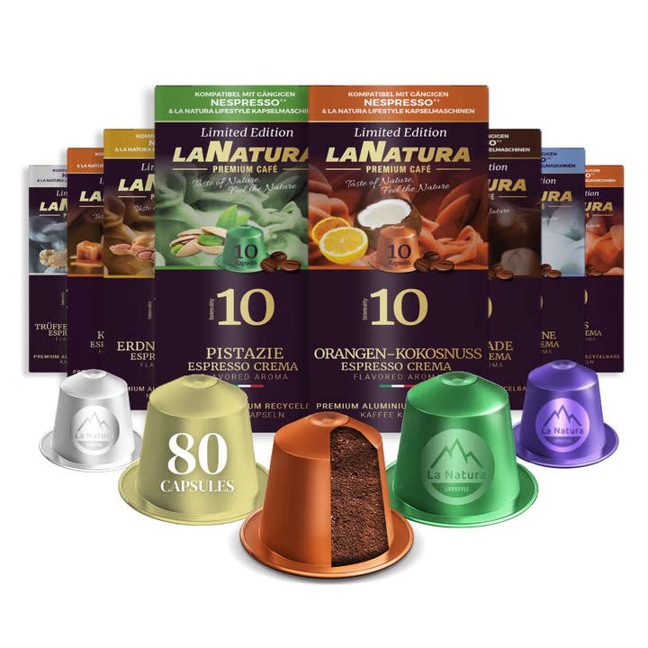 La Natura Lifestyle BIO GmbH - Wholesale Coffeepods/koffiepads - La Natura Lifestyle AROMA BOX, 80 koffiecapsules compatibel met Nespresso®*³-capsulemachines, 8 unieke SMAAKRICHTINGEN, karamel, chocolade, pistache, kokosnoot, rum, truffel, pompoen, pinda