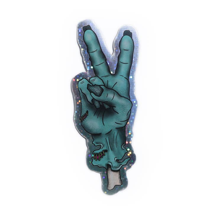 Peace Out zombie hand holo glitter sticker for wholesale by Chaos Engine (formerly Eyedot Creative)