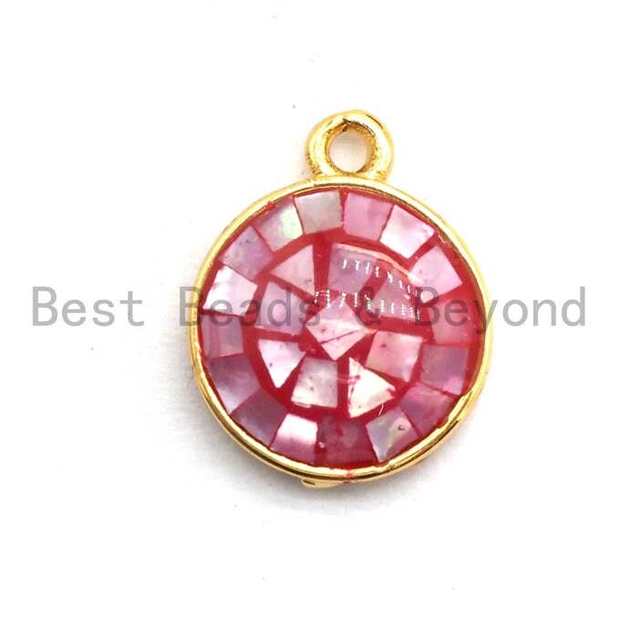 BestBeads&Beyond - Wholesale Individuele bedel/hanger - 100% natuurlijke HOT PINK Shell ronde pendand in goud/zilveren afwerking, fuchsia roze schelp bedelhanger, schelpbevindingen, 10x12mm, SKU #Z3231