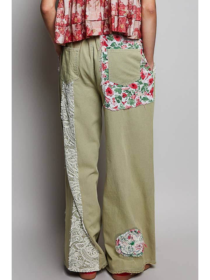 Pol Clothing - Vente Jean – femme - Pantalon en denim à cordon de serrage avec empiècement floral7