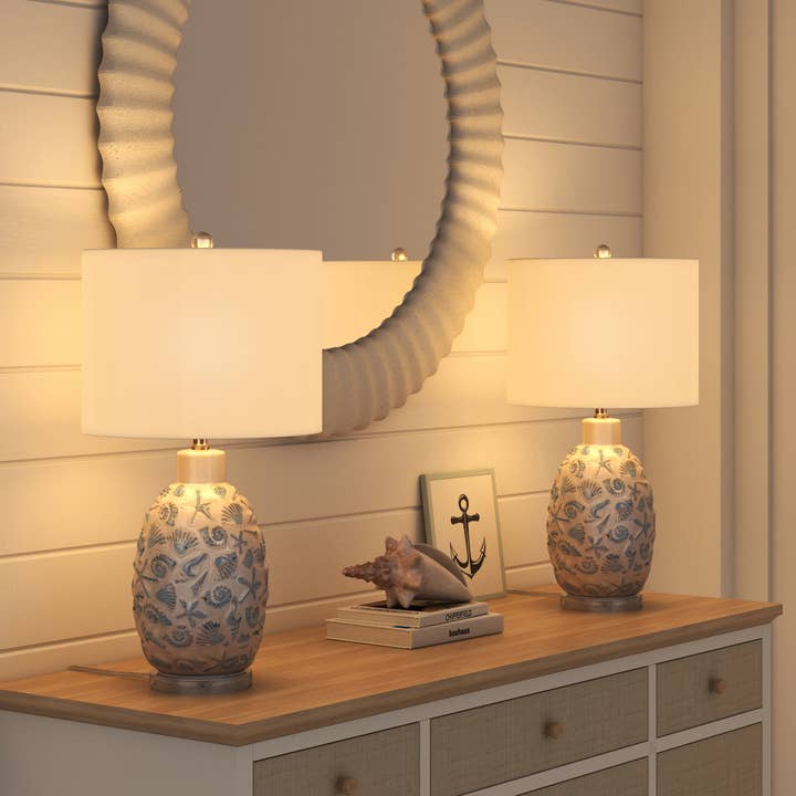 White Blue Ceramic Sea Shell Table Lamps, 3-Way Switch (2-Pack) for wholesale on Faire