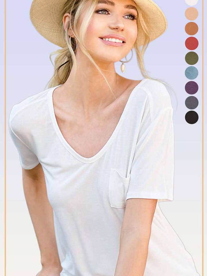 HUT7182-Super Soft Front Pocket Short Sleeve Basic Top for wholesale by La Miel