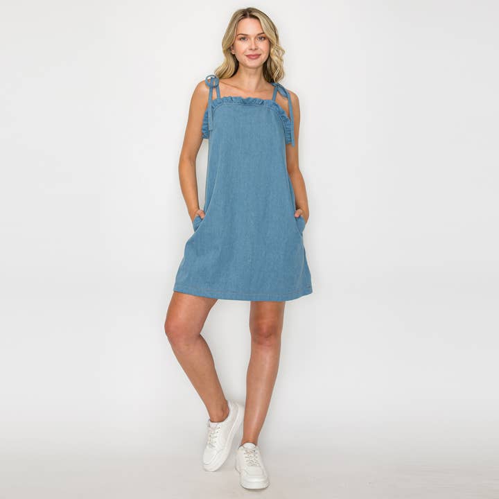 Ruffle Detail Mini Shift Dress with Shoulder Tie - LWD2844 for wholesale by LoveWednesday