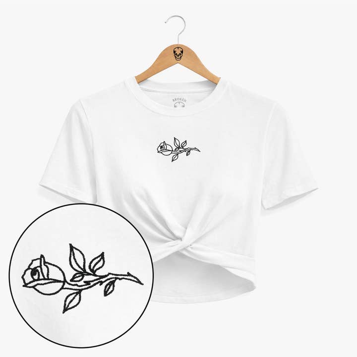 Rose Embroidered Knot Crop T-Shirt for wholesale by Broken Society