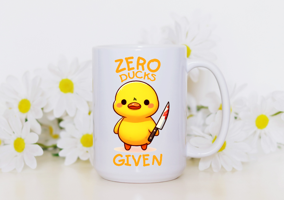 Prairie Chicken Sticker Shop & Gifts - Wholesale Coffee Mug - Zero Ducks Given Silly Yellow Duck 15oz Coffee Mug   3