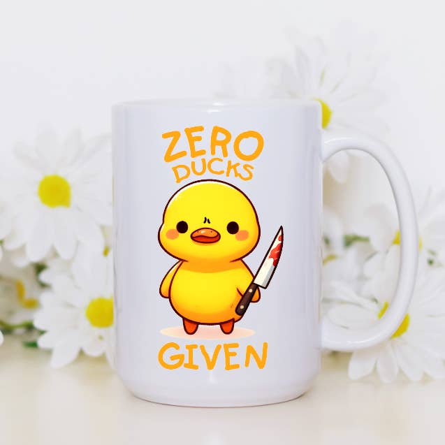 Prairie Chicken Sticker Shop & Gifts - Wholesale Coffee Mug - Zero Ducks Given Silly Yellow Duck 15oz Coffee Mug 3