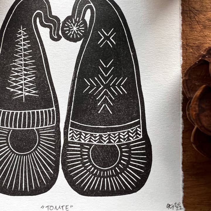 Amy Teawalt Studio - Wholesale Christmas Wall Art - “Tomte” Studio Sampler Linocut Print 4x4" | Hand Printed Black and White Block Print1