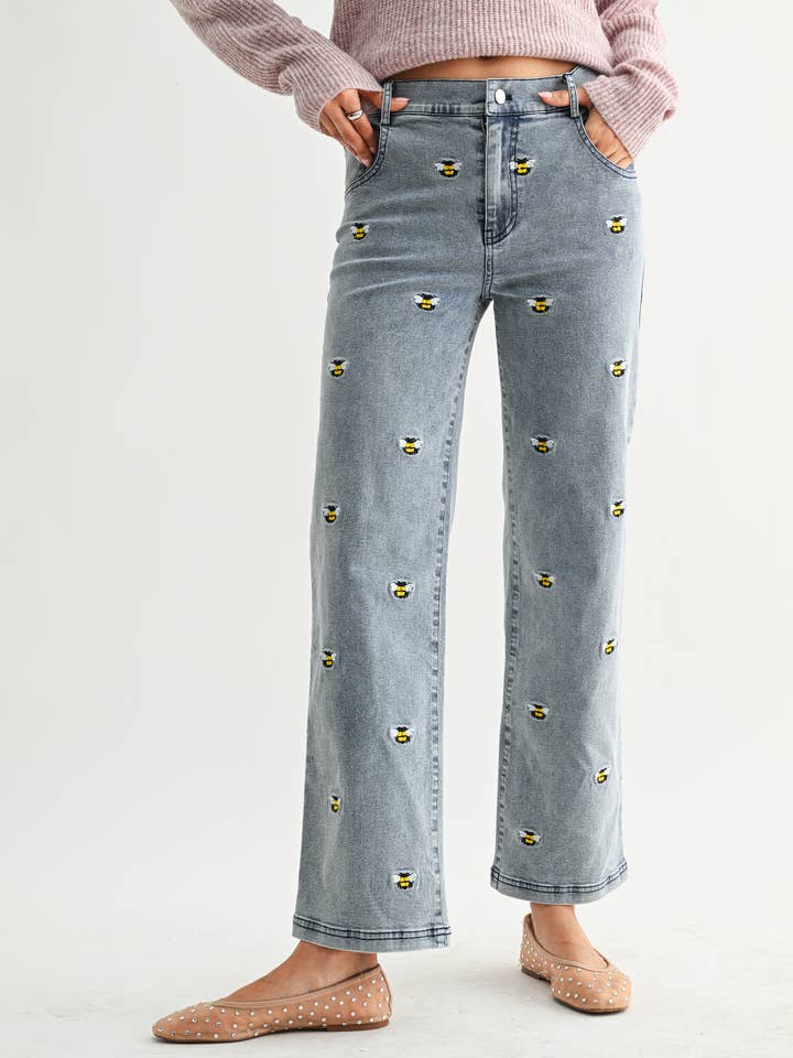 BEE HAPPY EMBROIDERED STRAIGHT LEG JEANS - CJP26760 for wholesale by Camellia