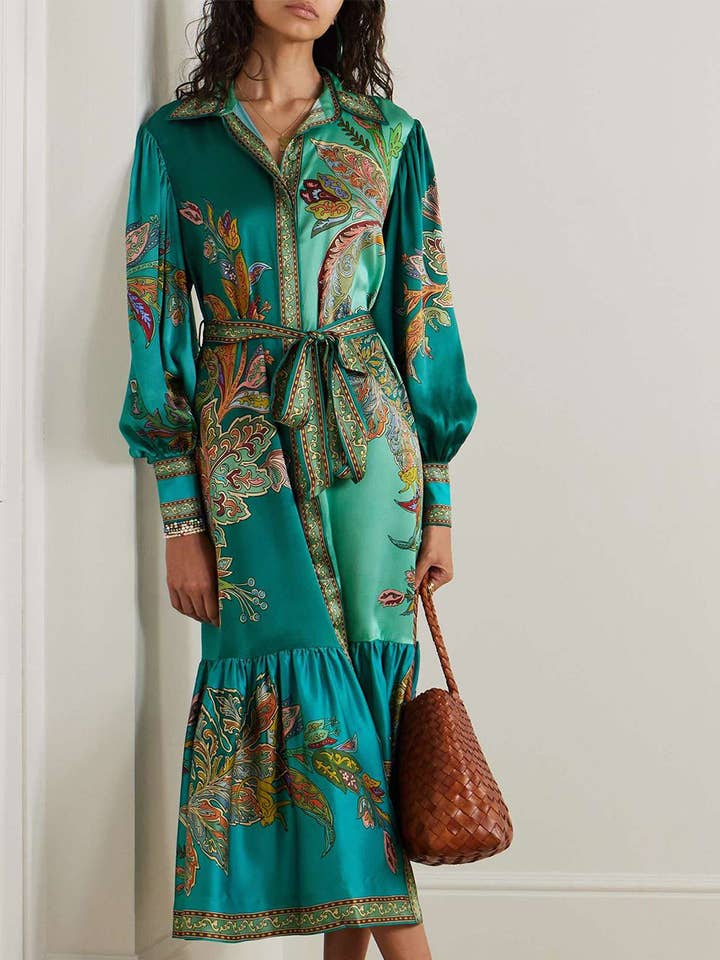PEACOCKGREEN VINTAGE PRINT DRESS WITH LAPEL LANTERN SLEEVES for wholesale on Faire