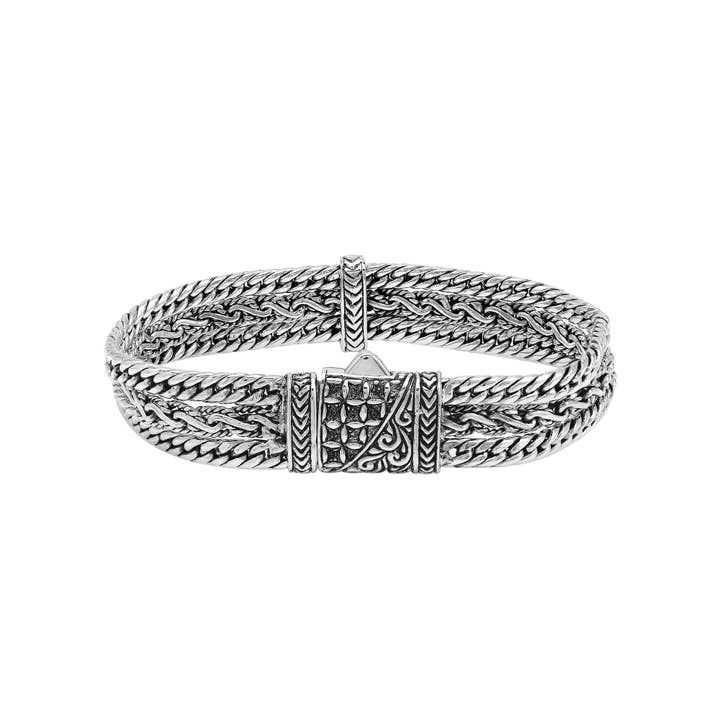 Bali Designs - Wholesale Bangle Bracelet - AB-1253-S Sterling Silver Balinese Woven Chain Bracelet With Intricate Push Clasp Artisan Detailing2