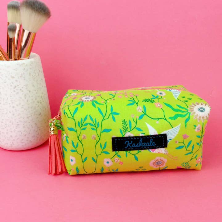 Kashzale Handmade Cosmetic Bags - Wholesale Makeup/Cosmetic Bag - Lime Cranes Medium Box Makeup Bag. Lime Makeup Bag1