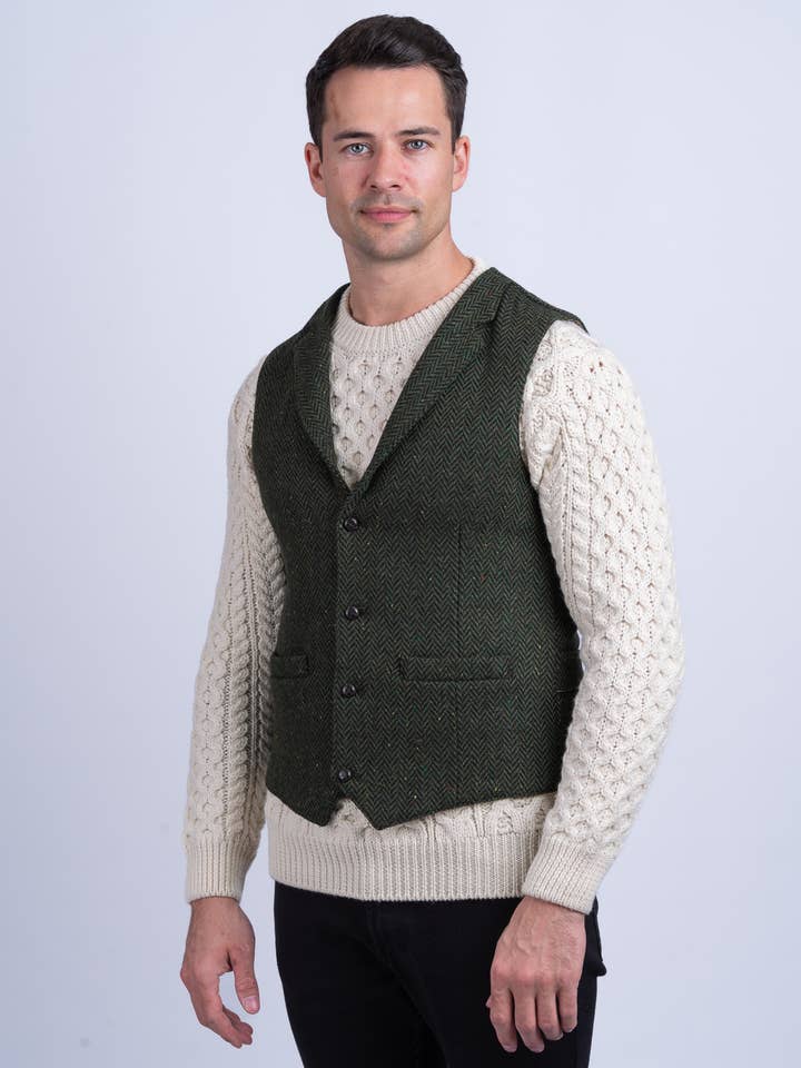 Pearse Green Herringbone Tweed Waistcoat & Vest with Revere for wholesale on Faire