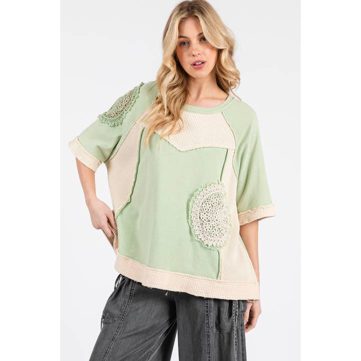 Sage VINTAGE CROCHET PATCHWORK TOP (ST7715) for wholesale on Faire5