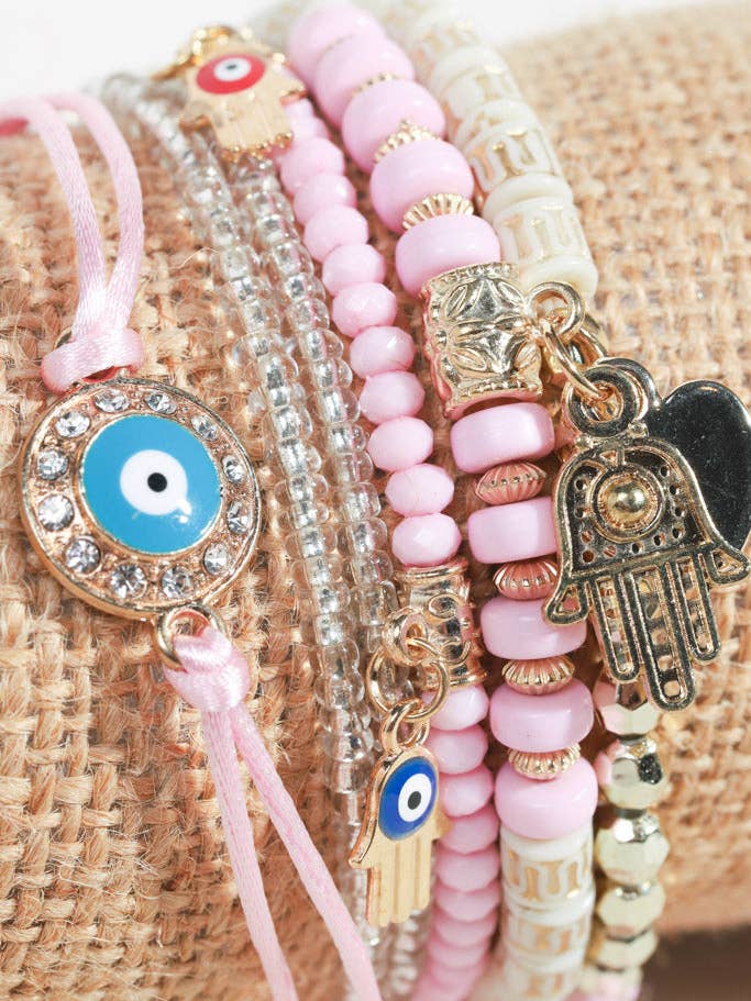 Evil Eye Stretchy Bracelet Stack with Hamsa Charms for wholesale by Little Luxe Charm Co.