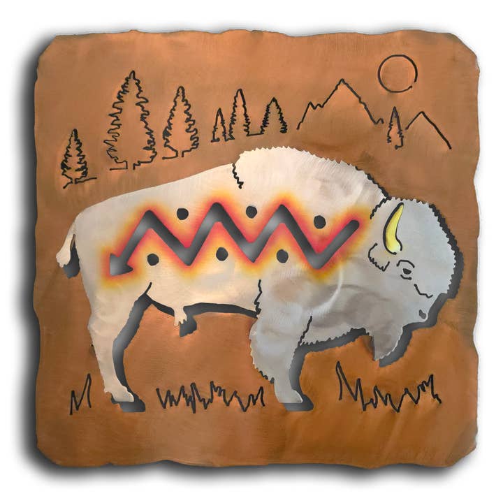 Crooks Designs - Wholesale Wall Accent - Bison Metal Art, Buffalo Cutout, Sunset Swirl Finish