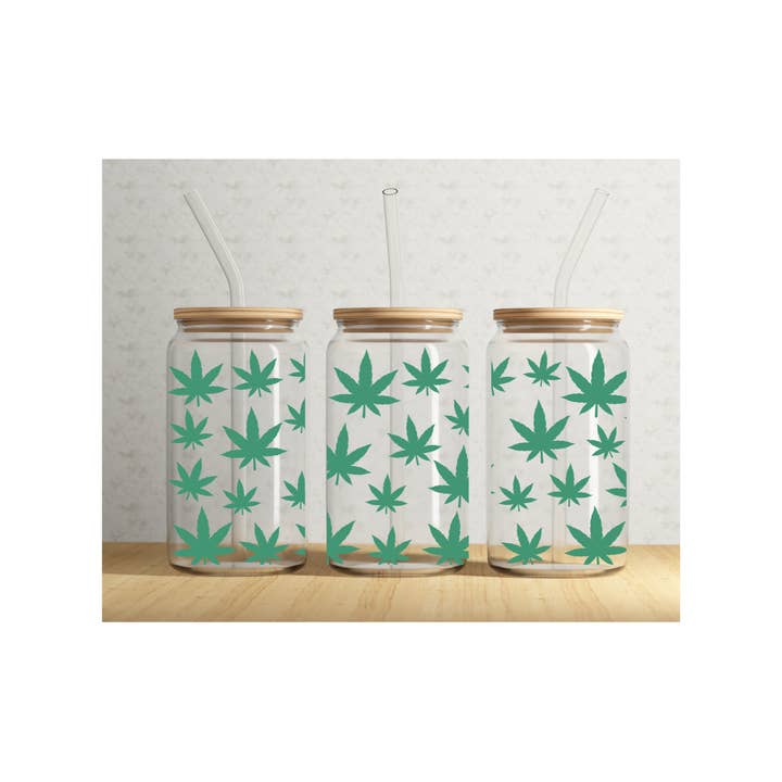 16 oz Weed, Cannabis, Glass Can Cup w/ Bamboo lid & Straw for wholesale by Tees of Paradise
