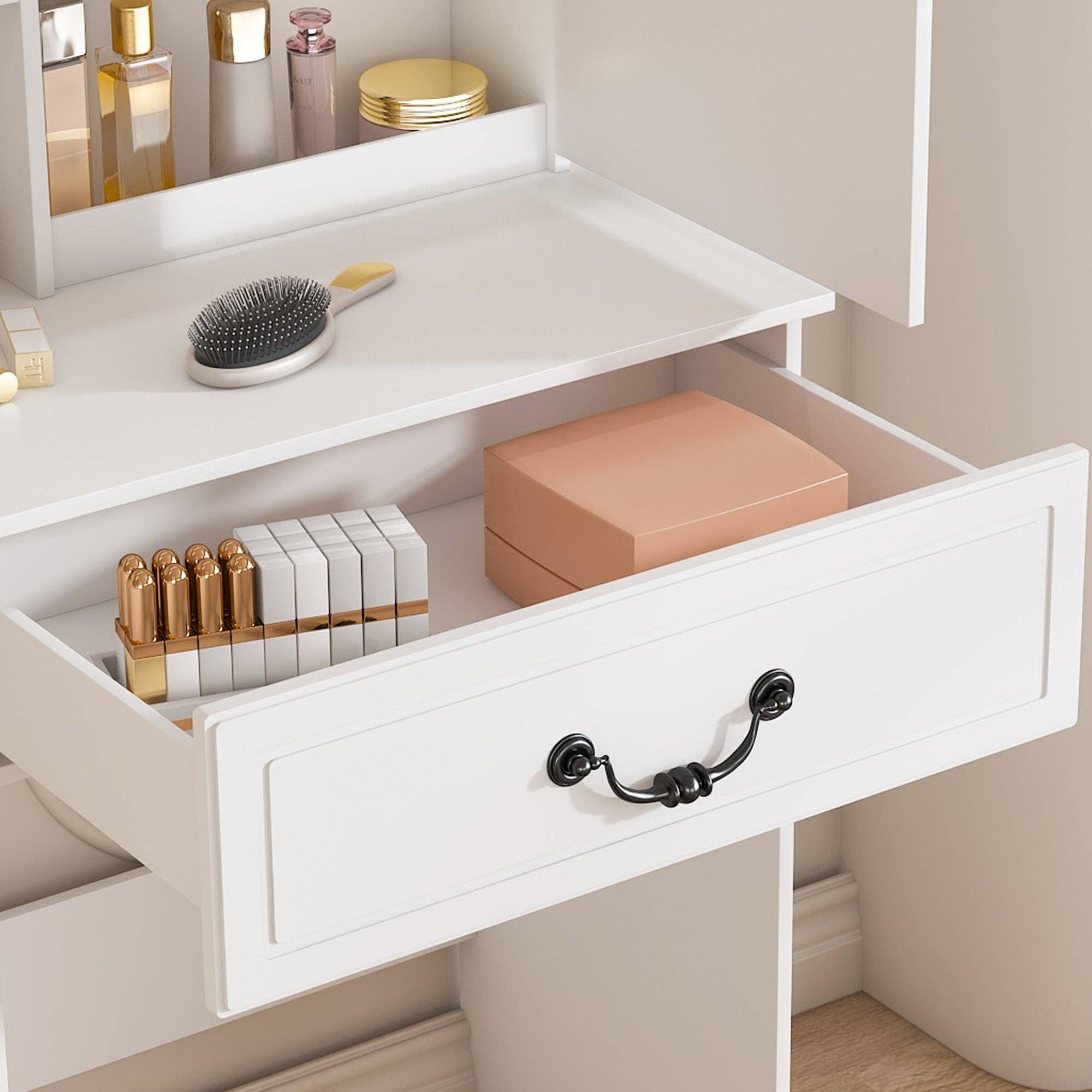 39F Inc. - Wholesale Vanity Mirror - Modern White Mini Dressing Table with LED-Lit Mirror3