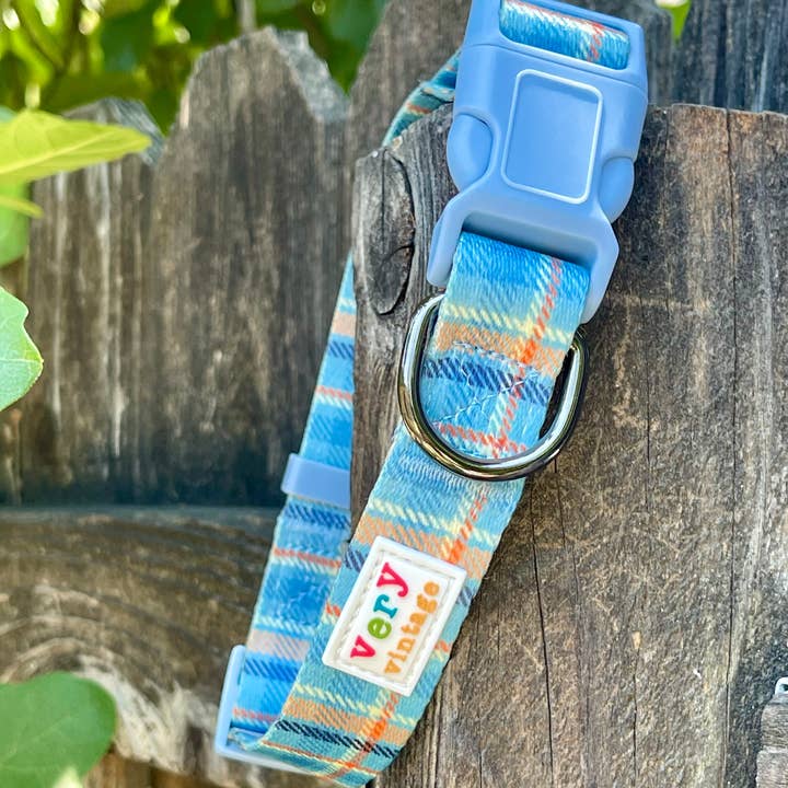 Very Vintage Designs - Wholesale Pet Collar - Dog - Murphy - Blue Orange Tartan Plaid Recycled Collar & Leash