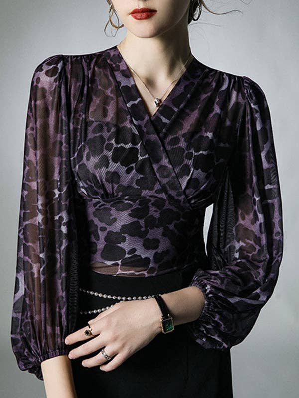 PURPLE Long Sleeves Plus Size Leopard V-neck Blouses&shirts Tops for wholesale on Faire1