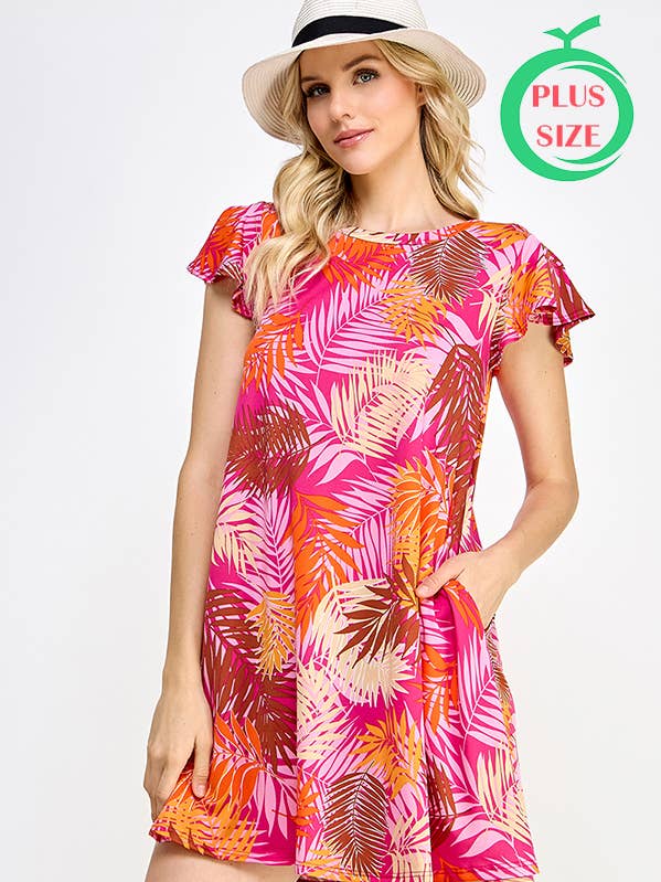 Plus Størrelse Flutter ærme Rund Hals Print Kjole for engroshandel hos Melon Fashion