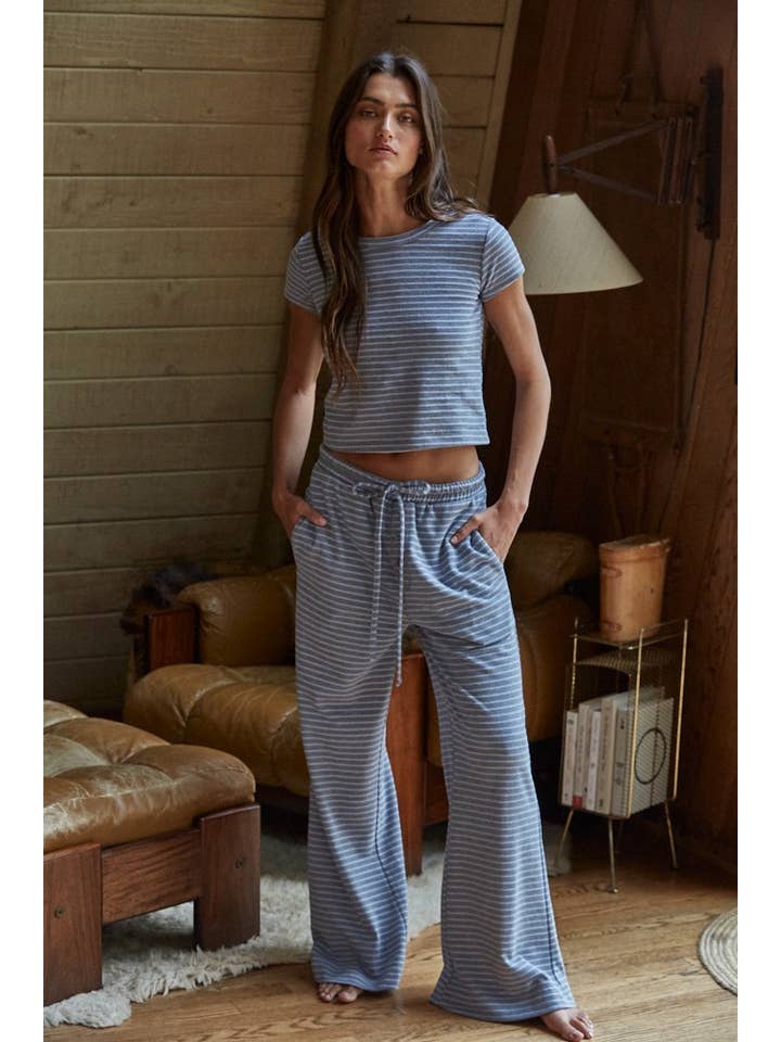 Grey Blue L8945T | Knit Polyester Cotton Striped Short Sleeve Top for wholesale on Faire