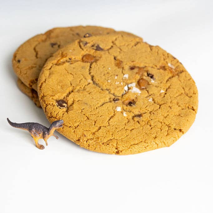 Packaged Half Pound Sea Salt Caramel Chocolate Chip Cookie for wholesale by T-Rex Cookie Company, LLC