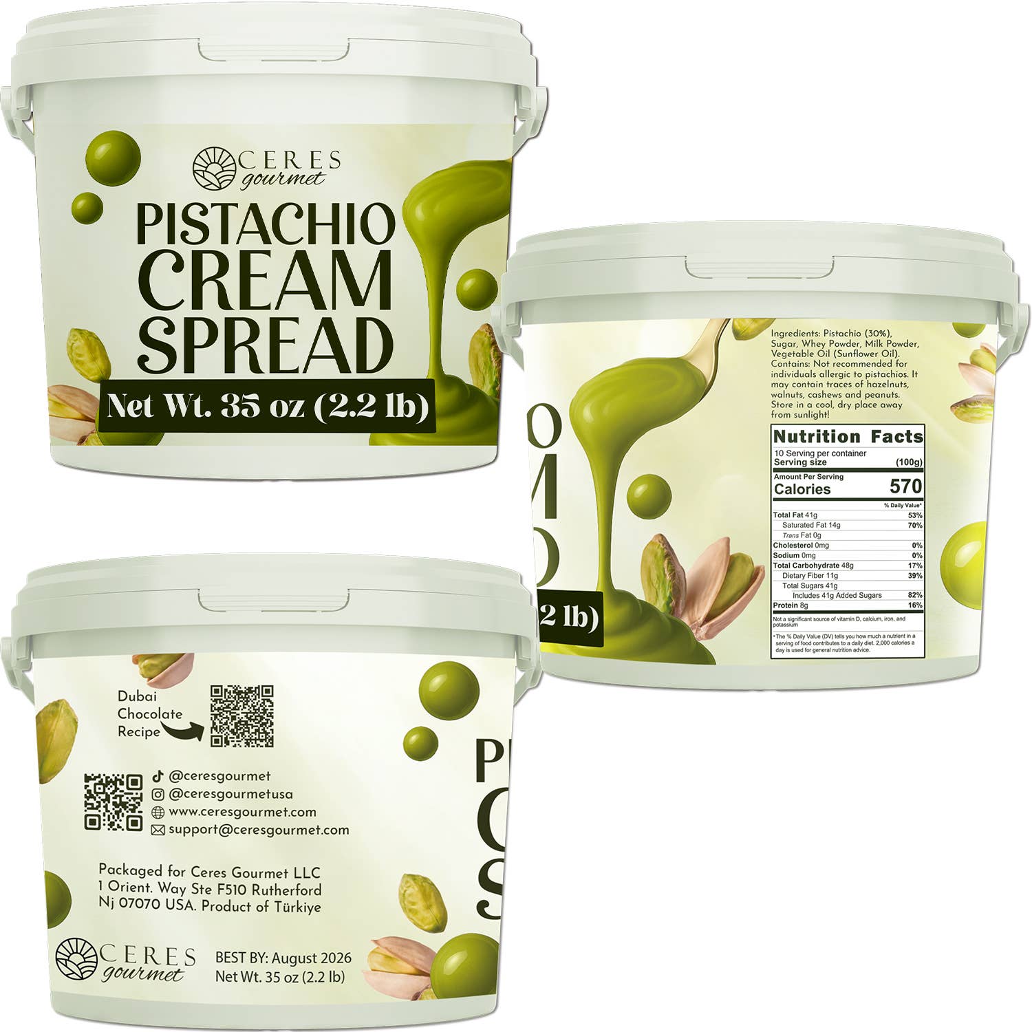 Ceres Gourmet - Vente Beurres de noix - Crème de Pistache Professionnelle pour Barres de Chocolat de Dubaï, Brownie et Crêpe ou Pâtisserie, et Applications de Desserts 1 kg / 3 kg / 5 kg10