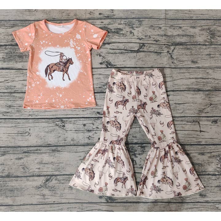 Aier Wholesale - Wholesale Top & Pant Set - Kids - Baby Girls Rodeo Western Shirts Top Horse Bell Pants Clothes