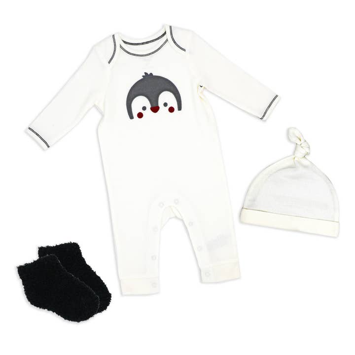 Neutral 3-Piece Waffle Coverall Set: Penguin for wholesale by Rose Textiles