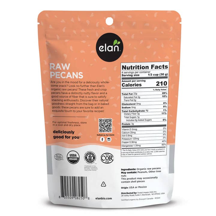 Elan - Wholesale Nuts - Elan Organic Raw Pecans, Nuts, Snacks, Gluten Free (4 oz)1