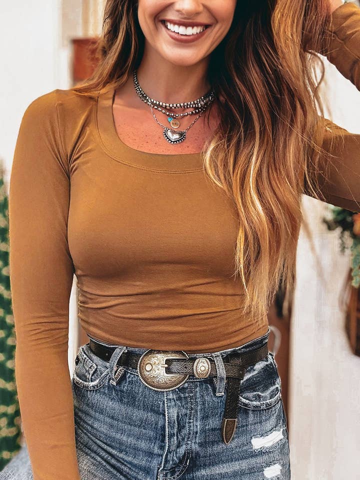 Solid Scoop Neck Langærmet Top for engroshandel hos PRETTY BASH