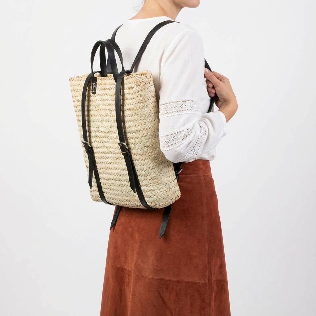 Melecraft - Wholesale Backpack - Women's - Woven Palm Leaf Backpack Leather Straps Boho Market Bag2