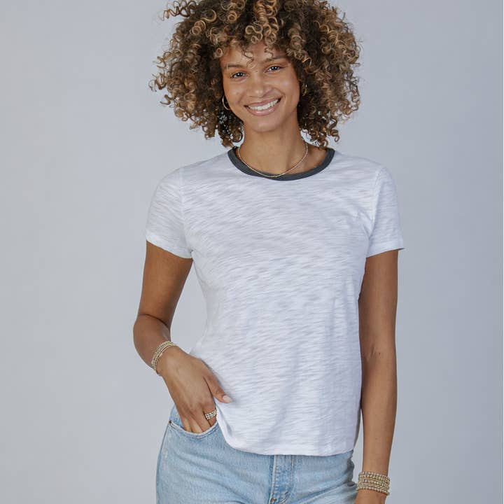 Short Sleeve Rebel Tee in White with Dark Heathered Gray for wholesale by erin gray
